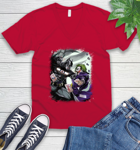Winnipeg Jets NHL Hockey Batman Fighting Joker DC Comics V Neck T Shirt Tee For Sports