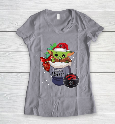 Toronto Raptors Christmas Baby Yoda Star Wars Funny Happy NBA Women's V-Neck T-Shirt 4