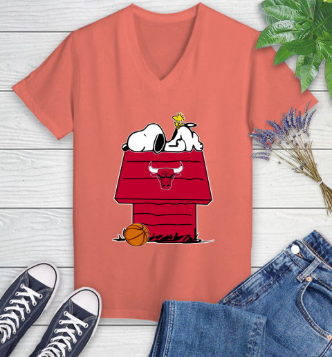 Chicago Bulls NBA Basketball Snoopy Woodstock The Peanuts Movie Women's V-Neck T-Shirt 6