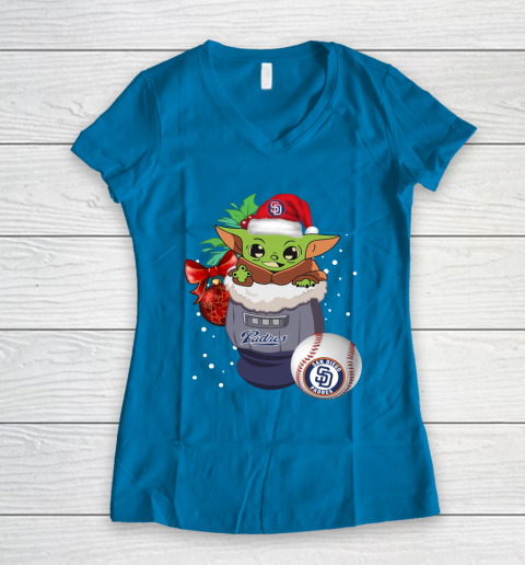 San Diego Padres Christmas Baby Yoda Star Wars Funny Happy MLB Women's V-Neck T-Shirt 7