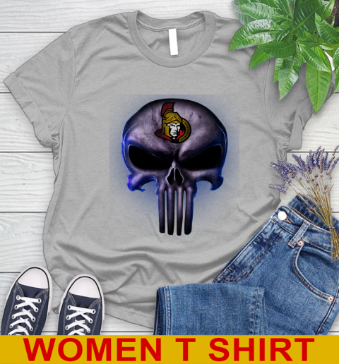 Ottawa Senators NHL Hockey Punisher Skull Sports Women's T-Shirt 5