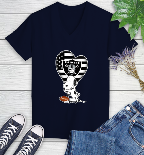 Oakland Raiders NFL Football The Peanuts Movie Adorable Snoopy Women's V-Neck T-Shirt 3