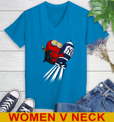 MLB Baseball New York Yankees Deadpool Minion Marvel Shirt Women's V-Neck T-Shirt 7