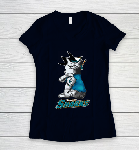 NHL My Cat Loves San Jose Sharks Hockey Women's V-Neck T-Shirt 2