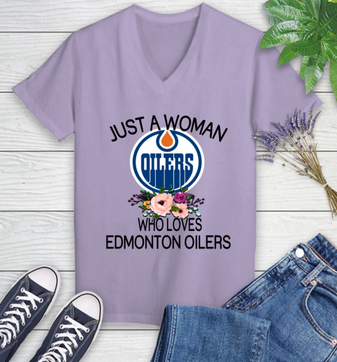 NHL Just A Woman Who Loves Edmonton Oilers Hockey Sports Women's V-Neck T-Shirt 9