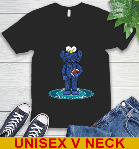NFL Football Miami Dolphins Kaws Bff Blue Figure Shirt V-Neck T-Shirt 2
