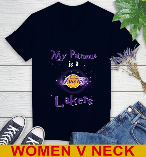 NBA Basketball Harry Potter My Patronus Is A Los Angeles Lakers Women's V-Neck T-Shirt 2