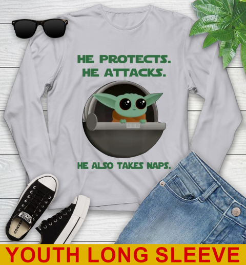 He Protects He Attacks He Also Takes Naps Baby Yoda Star Wars Shirts Youth Long Sleeve 3