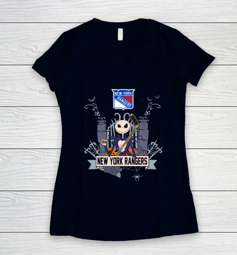 NHL New York Rangers Hockey Jack Skellington Halloween Women's V-Neck T-Shirt 2