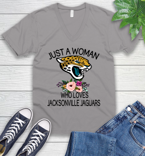NFL Just A Woman Who Loves Jacksonville Jaguars Football Sports V-Neck T-Shirt 2
