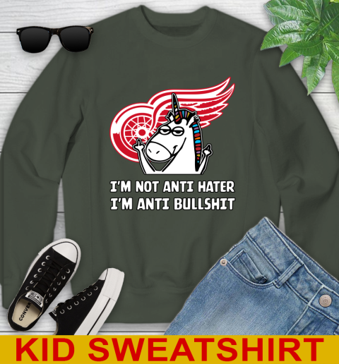 Detroit Red Wings NHL Hockey Unicorn I'm Not Anti Hater I'm Anti Bullshit Youth Sweatshirt 9