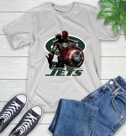NFL Captain America Thor Spider Man Hawkeye Avengers Endgame Football New York Jets T-Shirt