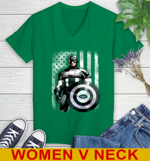 New York Jets NFL Football Captain America Marvel Avengers American Flag Shirt Women's V-Neck T-Shirt 5