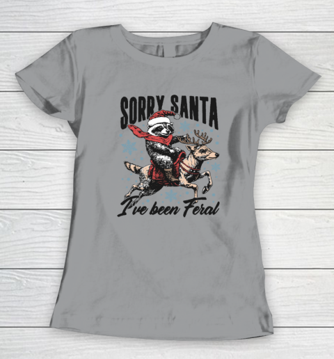 Vintage Sorry Santa I've Been Feral Raccoon Riding Horse Christmas Women's T-Shirt 3