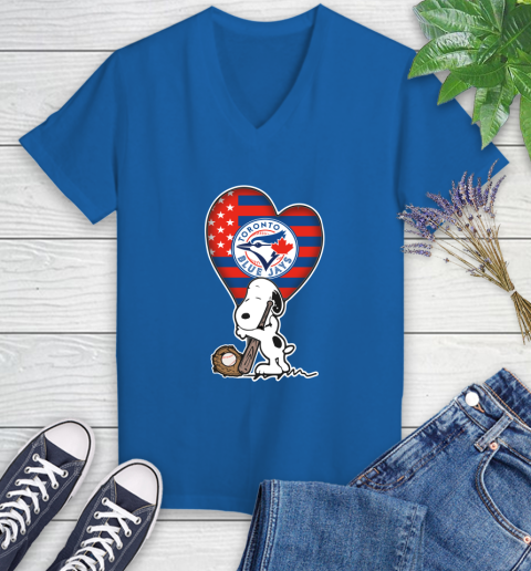Toronto Blue Jays MLB Baseball The Peanuts Movie Adorable Snoopy Women's V-Neck T-Shirt 10