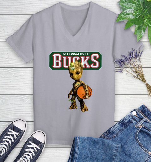 Milwaukee Bucks NBA Basketball Groot Marvel Guardians Of The Galaxy Women's V-Neck T-Shirt 4