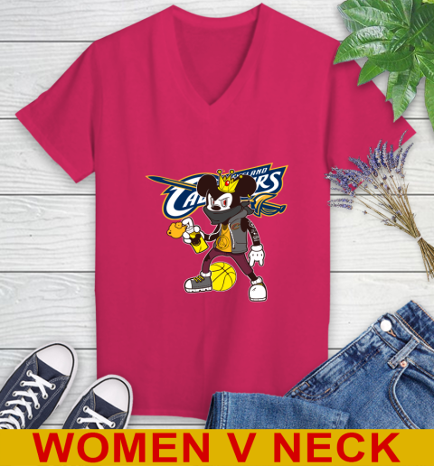 Cleveland Cavaliers NBA Basketball Mickey Peace Sign Sports Women's V-Neck T-Shirt 10