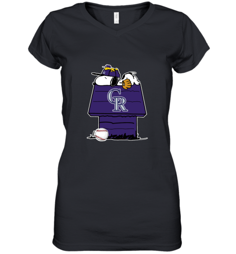 Colorado Rockies Snoopy And Woodstock Resting Together MLB Women's V-Neck T-Shirt
