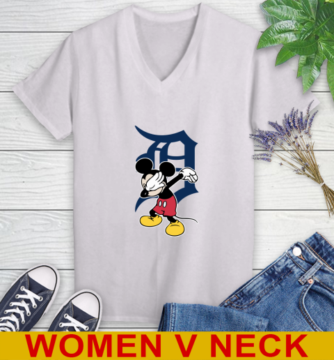 Detroit Tigers MLB Baseball Dabbing Mickey Disney Sports Women's V-Neck T-Shirt
