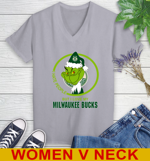 Milwaukee Bucks NBA Christmas Grinch I Hate People But I Love My Favorite Basketball Team Women's V-Neck T-Shirt 5