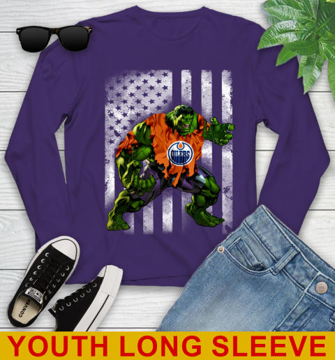 Edmonton Oilers Hulk Marvel Avengers NHL Hockey American Flag Youth Long Sleeve 4