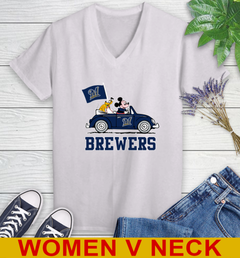 MLB Baseball Milwaukee Brewers Pluto Mickey Driving Disney Shirt Women's V-Neck T-Shirt