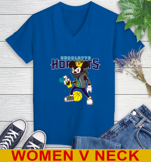 Charlotte Hornets NBA Basketball Mickey Peace Sign Sports Women's V-Neck T-Shirt 11