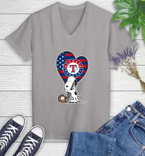 Texas Rangers MLB Baseball The Peanuts Movie Adorable Snoopy Women's V-Neck T-Shirt 4
