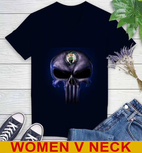 Boston Celtics NBA Basketball Punisher Skull Sports Women's V-Neck T-Shirt 2