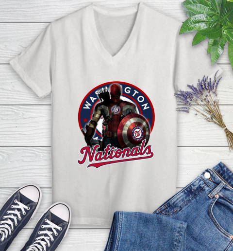 MLB Captain America Thor Spider Man Hawkeye Avengers Endgame Baseball Washington Nationals Women's V-Neck T-Shirt