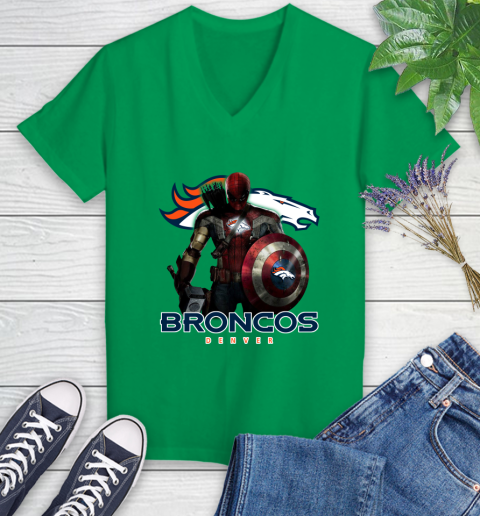 NFL Captain America Thor Spider Man Hawkeye Avengers Endgame Football Denver Broncos Women's V-Neck T-Shirt 5