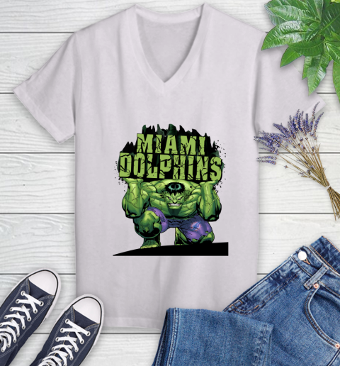 Miami Dolphins NFL Football Incredible Hulk Marvel Avengers Sports Women's V-Neck T-Shirt