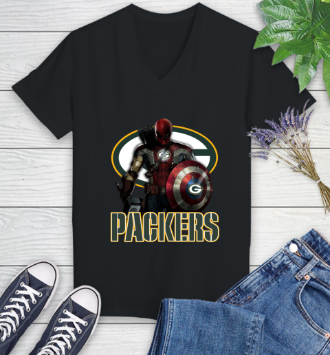 NFL Captain America Thor Spider Man Hawkeye Avengers Endgame Football Green Bay Packers Women's V-Neck T-Shirt 2