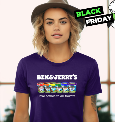 8i55 pride ben and jerryamp 39 s love comes in all flavors ladies t shirt 20 front purple