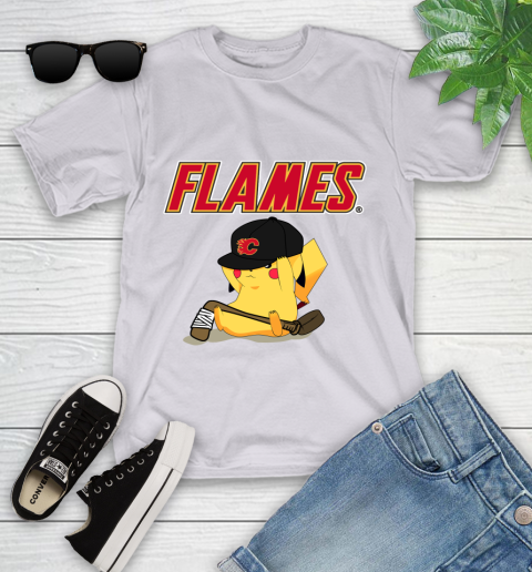 NHL Pikachu Hockey Sports Calgary Flames Youth T-Shirt 4