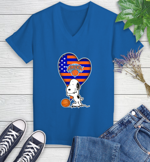 New York Knicks NBA Basketball The Peanuts Movie Adorable Snoopy Women's V-Neck T-Shirt 10