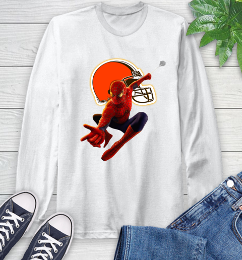 NFL Spider Man Avengers Endgame Football Cleveland Browns Long Sleeve T-Shirt