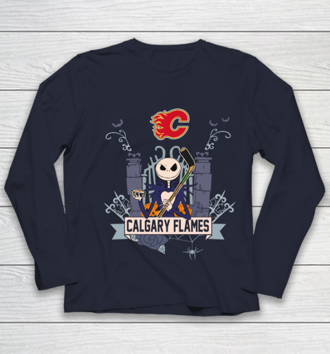 NHL Calgary Flames Hockey Jack Skellington Halloween Youth Long Sleeve 2
