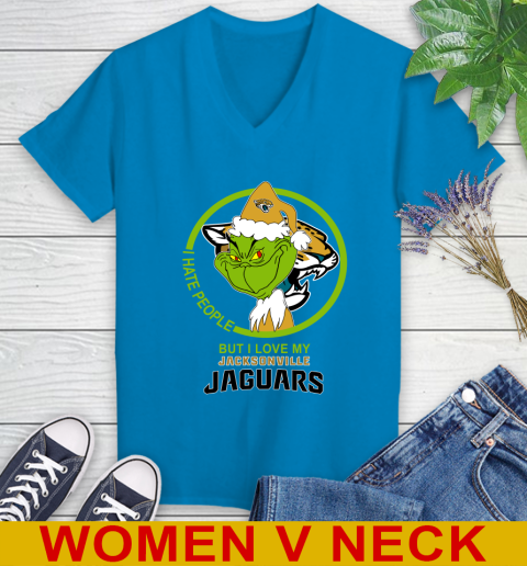 Jacksonville Jaguars NFL Christmas Grinch I Hate People But I Love My Favorite Football Team Women's V-Neck T-Shirt 8