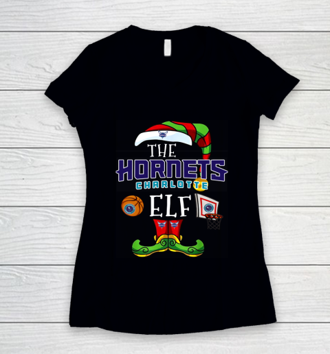 Charlotte Hornets Christmas ELF Funny NBA Women's V-Neck T-Shirt