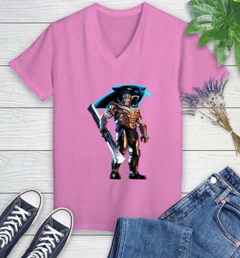 NFL Thanos Gauntlet Avengers Endgame Football Carolina Panthers Women's V-Neck T-Shirt 14