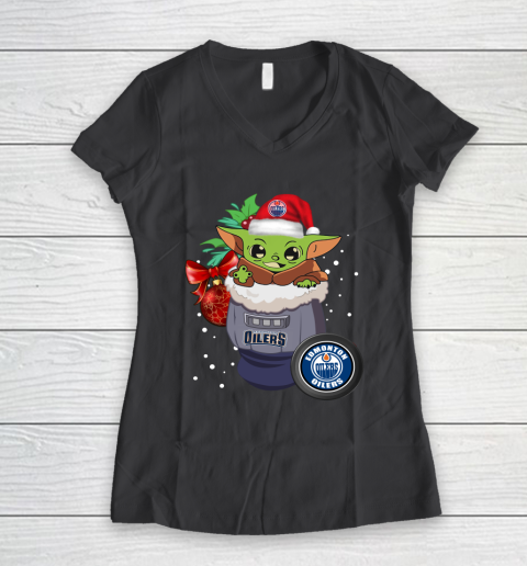 Edmonton Oilers Christmas Baby Yoda Star Wars Funny Happy NHL Women's V-Neck T-Shirt 8
