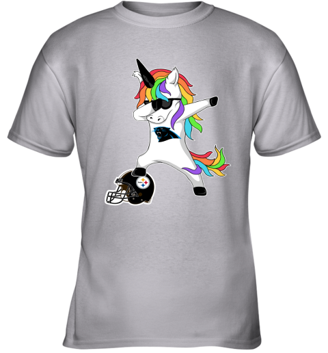vzmr football dabbing unicorn steps on helmet carolina panthers youth t shirt 26 front sport grey