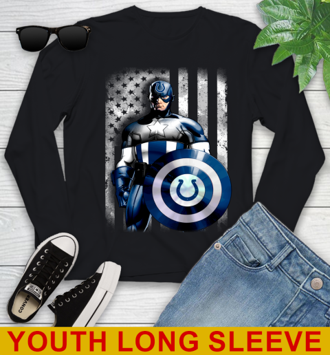 Indianapolis Colts NFL Football Captain America Marvel Avengers American Flag Shirt Youth Long Sleeve