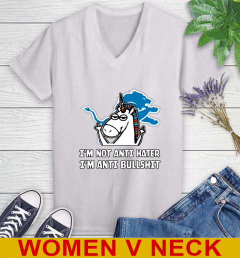 Detroit Lions NFL Football Unicorn I'm Not Anti Hater I'm Anti Bullshit Women's V-Neck T-Shirt
