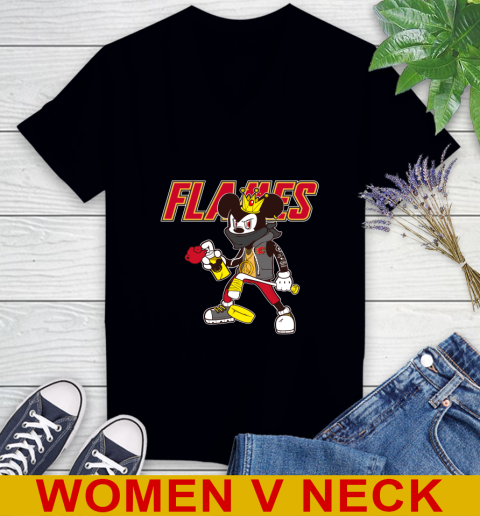 Calgary Flames NHL Hockey Mickey Peace Sign Sports Women's V-Neck T-Shirt 2