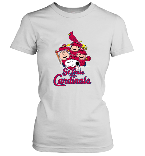 St.Louis Cardinals Snoopy Charlie Brown Woodstock The Peanuts gb2k stlouis cardinals snoopy charlie brown woodstock the peanuts ladies t shirt 20 front white