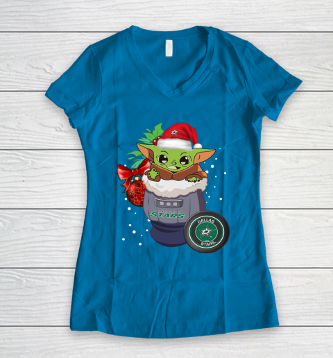 Dallas Stars Christmas Baby Yoda Star Wars Funny Happy NHL Women's V-Neck T-Shirt 7