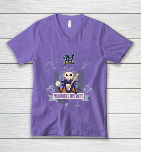MLB Milwaukee Brewers Baseball Jack Skellington Halloween V-Neck T-Shirt 8