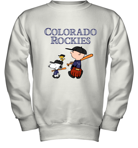 Colorado Rockies Let's Play Baseball Together Snoopy MLB Youth Sweatshirt
